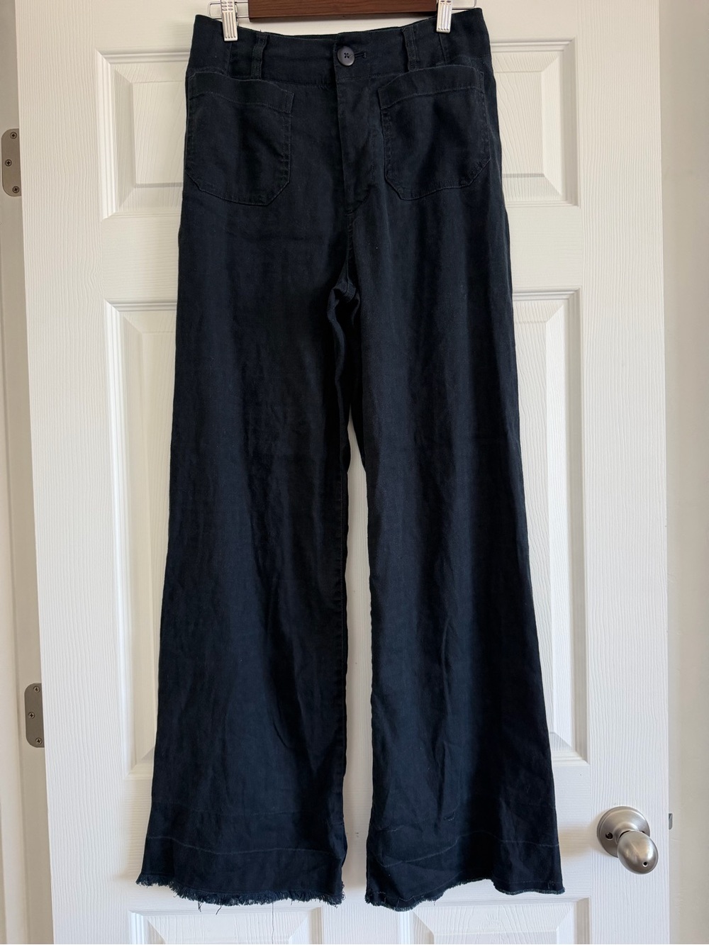 Anthropologie Maeve Colette Linen Wide Leg Pants High Rise Raw Hem Navy Size 26T